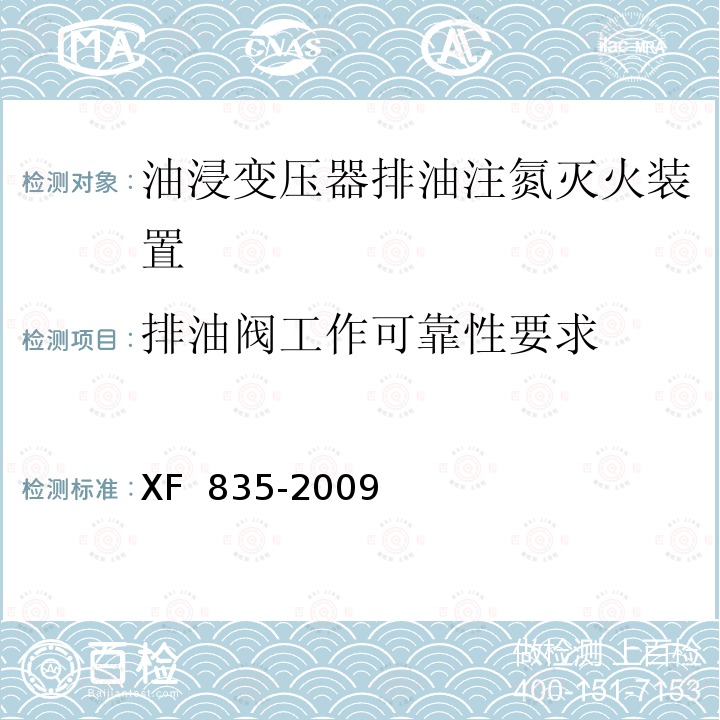 排油阀工作可靠性要求 XF 835-2009 油浸变压器排油注氮灭火装置