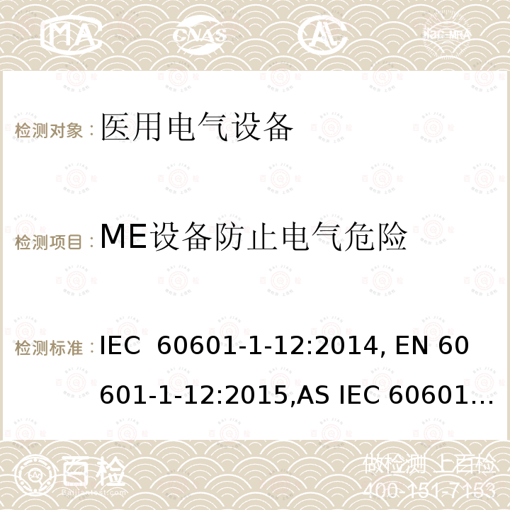 ME设备防止电气危险 医疗电气设备1-12部分  基本安全和基本性能的通用要求 并列标准： 急救环境中使用的医疗设备和医疗系统 IEC 60601-1-12:2014, EN 60601-1-12:2015,AS IEC 60601.1.12:2017