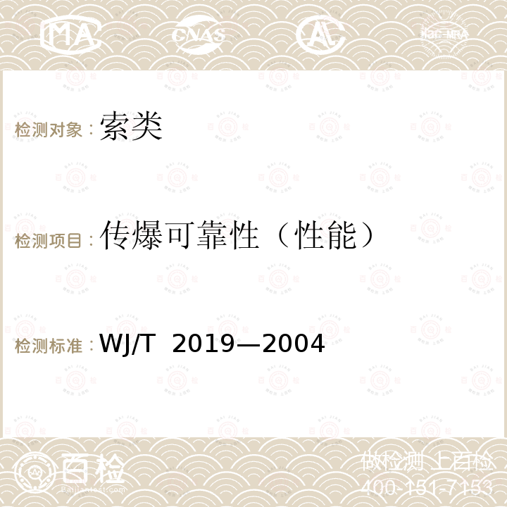 传爆可靠性（性能） T 2019-2004 塑料导爆管 WJ/T 2019—2004