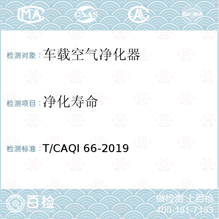 净化寿命 车载空气净化器 T/CAQI66-2019