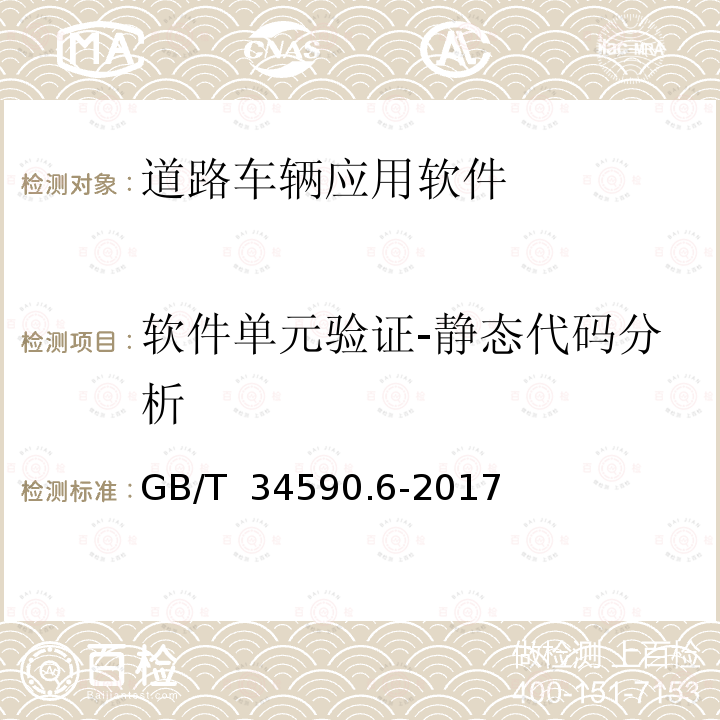 软件单元验证-静态代码分析 GB/T 34590.6-2017 道路车辆 功能安全 第6部分：产品开发：软件层面