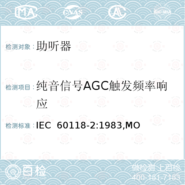 纯音信号AGC触发频率响应 电声学 助听器 第2部分：具有自动增益控制电路的助听器　 IEC 60118-2:1983,MOD