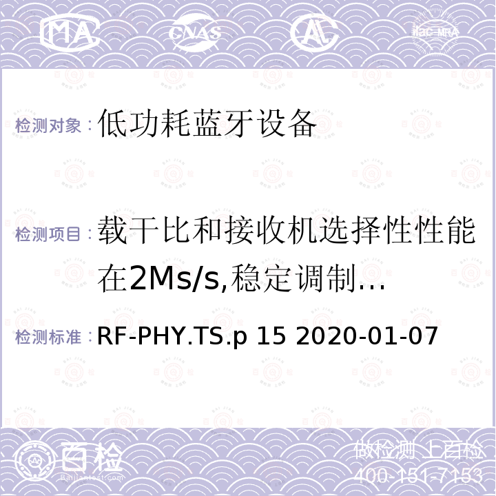 载干比和接收机选择性性能在2Ms/s,稳定调制指标 RF-PHY.TS.p 15 2020-01-07 蓝牙低功耗射频PHY测试规范 RF-PHY.TS.p15 2020-01-07