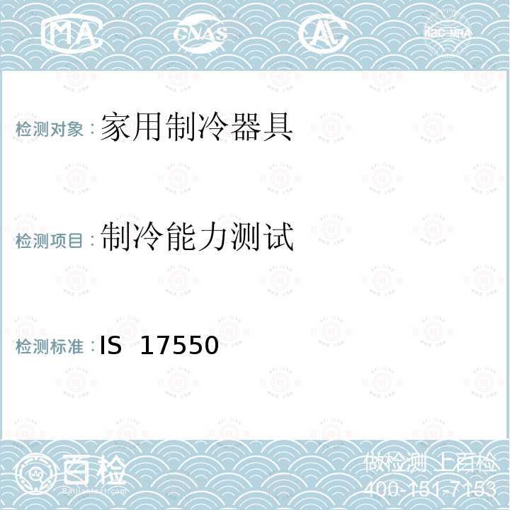 制冷能力测试 IS  17550  家用制冷器具-性能和测试方法 第2部分：性能要求 IS 17550 (Part 2) : 2021