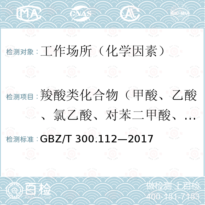 羧酸类化合物（甲酸、乙酸、氯乙酸、对苯二甲酸、草酸） GBZ/T 300.112-2017 工作场所空气有毒物质测定 第112部分：甲酸和乙酸