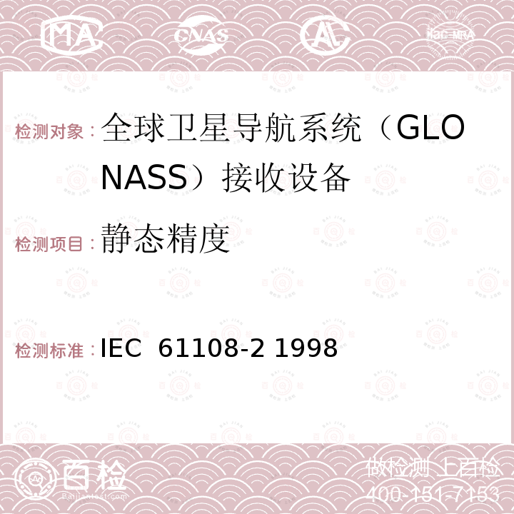 静态精度 海上导航和无线电通信设备和系统-全球导航卫星系统（GNSS）-第2部分：全球导航卫星系统（GLONASS）接收设备-性能标准、测试方法和要求的测试结果 IEC 61108-2 1998