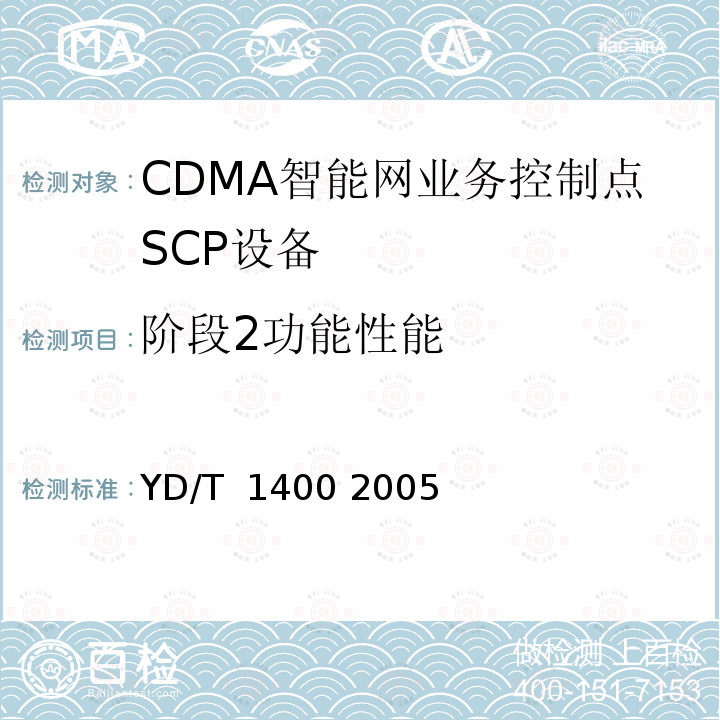 阶段2功能性能 800MHzCDMA数字蜂窝移动通信网无线智能网(WIN)阶段2：业务控制点(SCP)设备测试方法 YD/T 1400 2005