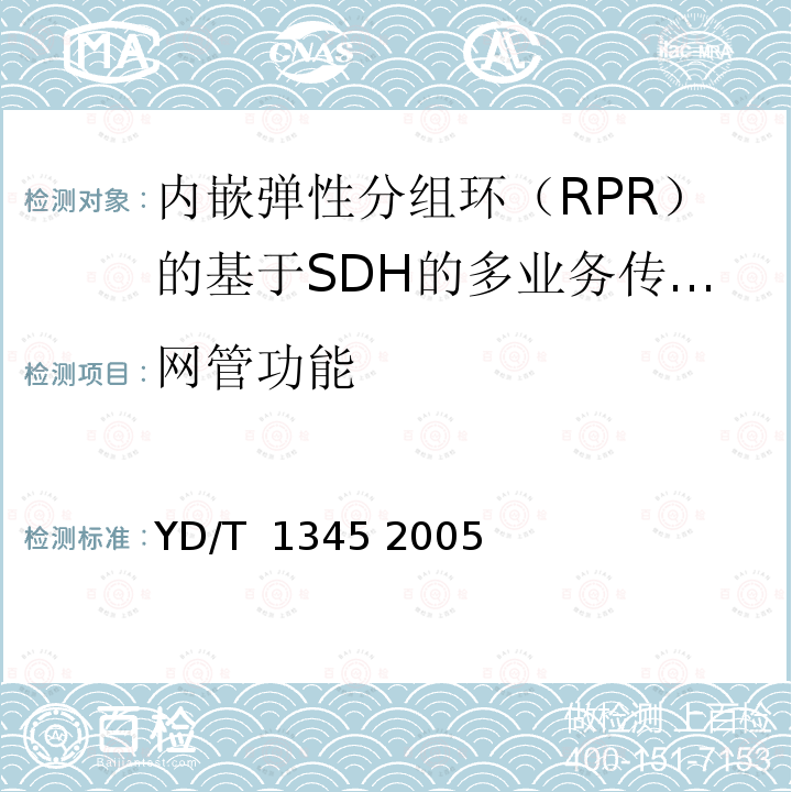 网管功能 《基于SDH的多业务传送节点（MSTP）技术要求-内嵌弹性分组环（RPR）功能部分》 YD/T 1345 2005