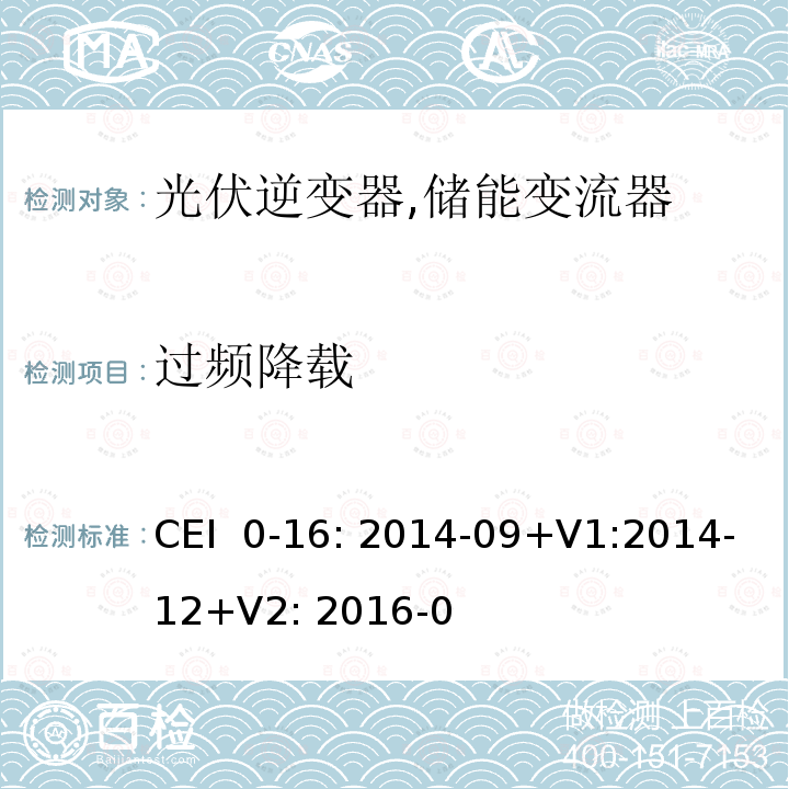 过频降载 CEI  0-16: 2014-09+V1:2014-12+V2: 2016-0 对主动和被动连接到高压、中压公共电网用户设备的技术参考规范 (意大利) CEI 0-16: 2014-09+V1:2014-12+V2: 2016-07