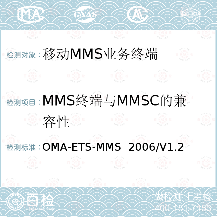 MMS终端与MMSC的兼容性 OMA-ETS-MMS  2006/V1.2 MMS技术测试规范 OMA-ETS-MMS 2006/V1.2