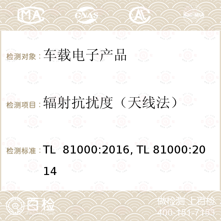 辐射抗扰度（天线法） (大众)汽车电子零部件电磁兼容 TL 81000:2016, TL 81000:2014