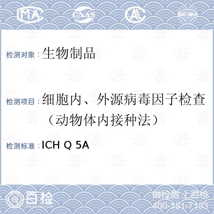 细胞内、外源病毒因子检查（动物体内接种法） ICH Q 5A  《来源于人或动物细胞系的生物技术产品的病毒安全性评价》 ICH Q5A (R1)