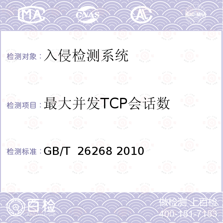 最大并发TCP会话数 网络入侵检测系统测试方法 GB/T 26268 2010