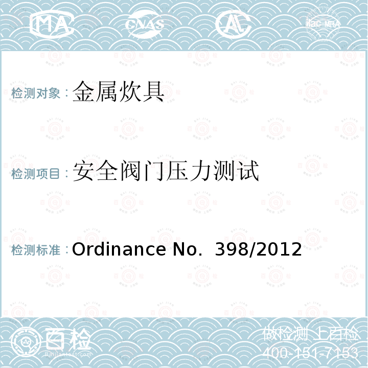 安全阀门压力测试 Ordinance No.  398/2012 金属炊具质量的技术规范 Ordinance No. 398/2012