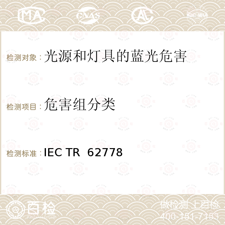危害组分类 IECTR 62778EDITION 2.0:2014 应用IEC 62471评估光源和灯具的蓝光危害 IEC TR 62778(Edition 2.0):2014