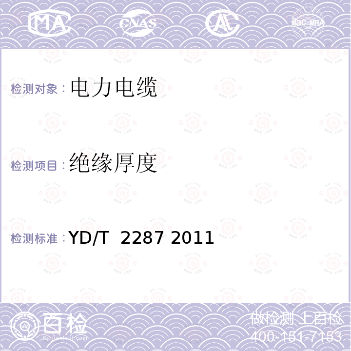 绝缘厚度 导体直径在0.8mm及以下的绝缘电线 YD/T 2287 2011