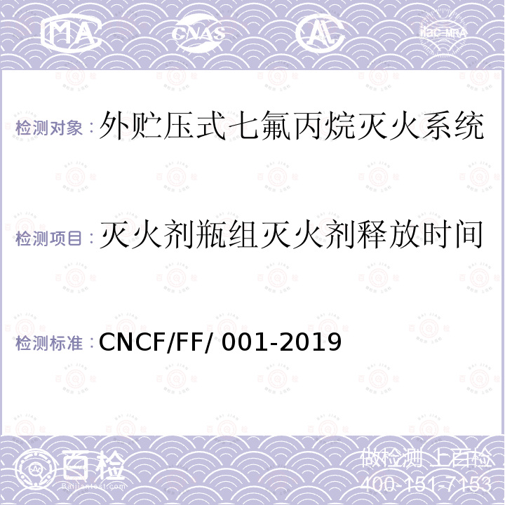 灭火剂瓶组灭火剂释放时间 CNCF/FF/ 001-2019 《外贮压式七氟丙烷灭火系统》 CNCF/FF/001-2019