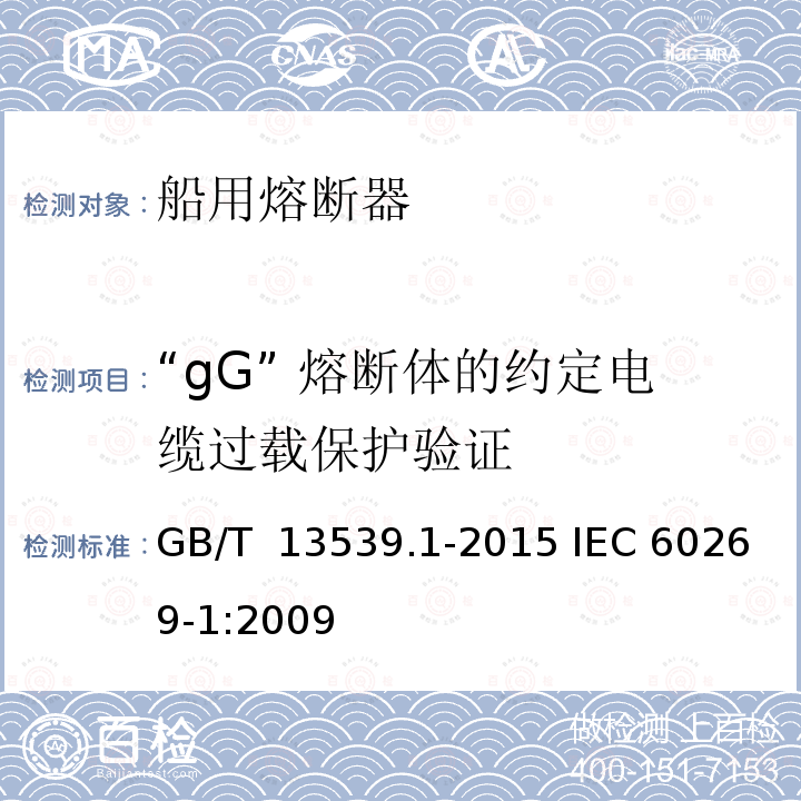 “gG” 熔断体的约定电缆过载保护验证 GB/T 13539.1-2015 【强改推】低压熔断器 第1部分:基本要求