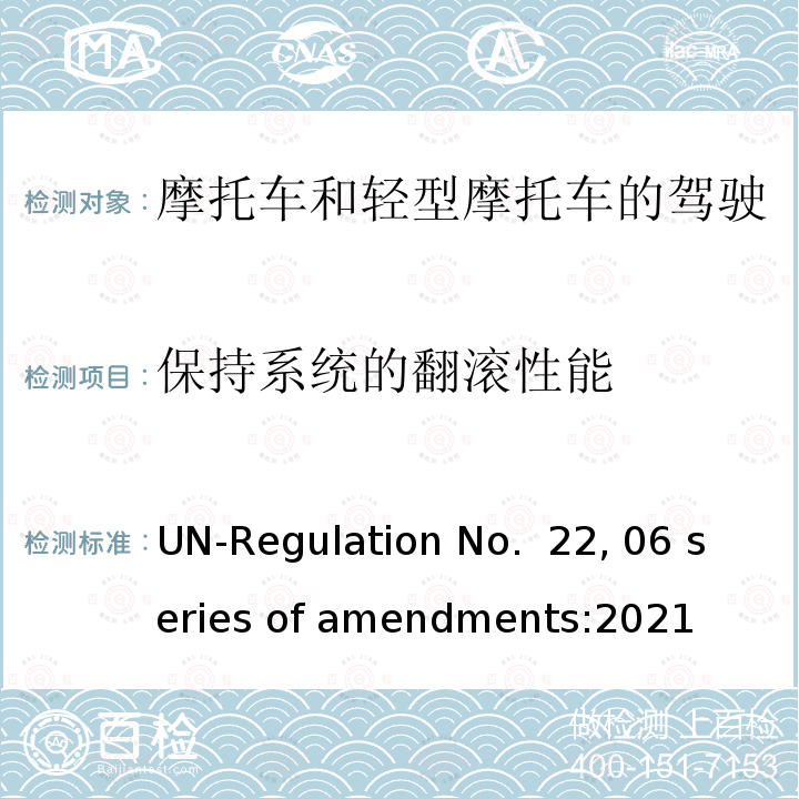 保持系统的翻滚性能 ENTS:2021 摩托车和轻型摩托车的驾驶员及乘客用防护头盔和面罩 UN-Regulation No. 22, 06 series of amendments:2021