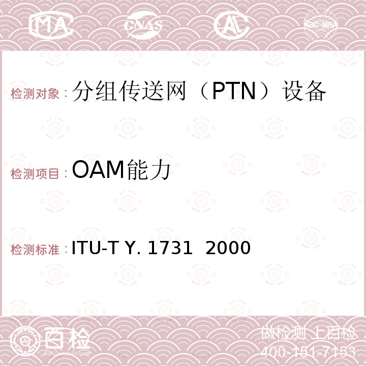 OAM能力 ITU-T Y. 1731  2000 基于Ethernet的网络OAM功能和机制 ITU-T Y.1731  2000