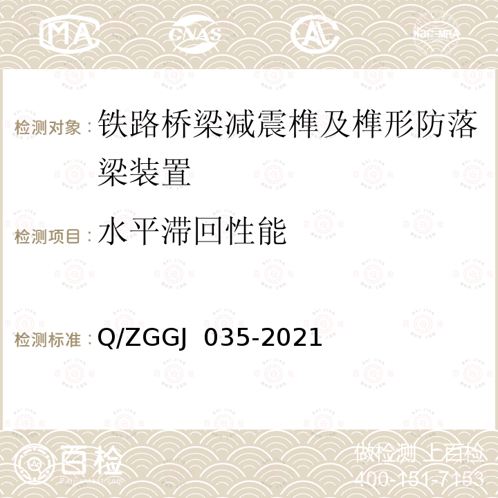 水平滞回性能 铁路桥梁减震榫及榫形防落梁装置 试验方法 Q/ZGGJ 035-2021