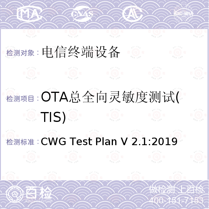 OTA总全向灵敏度测试(TIS) CWG Test Plan V 2.1:2019 Wi-Fi移动融合设备射频性能评估测试规范 CWG Test Plan V2.1:2019