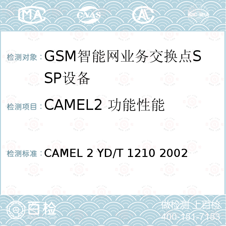 CAMEL2 功能性能 900/1800MHzTDMA数字蜂窝移动通信网业务交换点（SSP）设备测试方法CAMEL2 YD/T 1210 2002