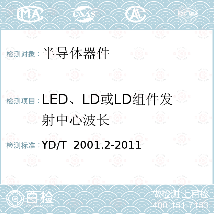LED、LD或LD组件发射中心波长 YD/T 2001.2-2011 用于光纤系统的半导体光电子器件 第2部分:测试方法