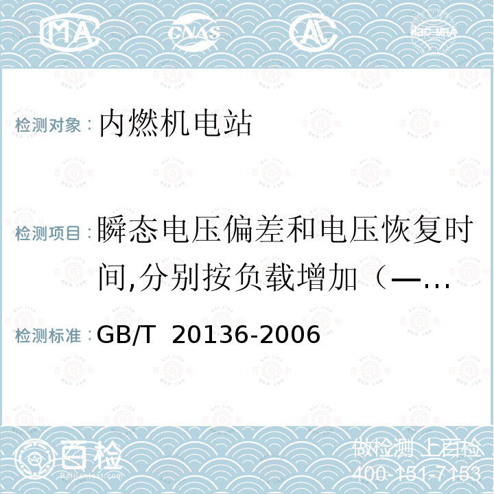 瞬态电压偏差和电压恢复时间,分别按负载增加（—）和负载减少（+） 内燃机电站通用试验方法 GB/T 20136-2006