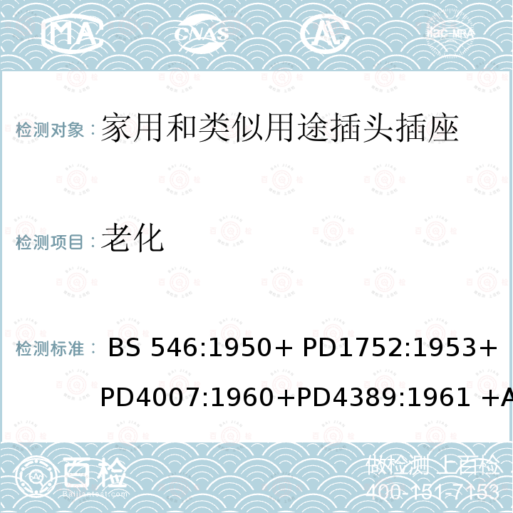 老化 两极带接地插头，插座和插座转换器的要求 BS 546:1950+ PD1752:1953+ PD4007:1960+PD4389:1961 +AMD251:1969+AMD2307:1977 +AMD 4045:1982+AMD5809:1987 +AMD6144:1989 +Supplement No. 1:1960 +Supplement No. 2:1987 +AMD8914:1999