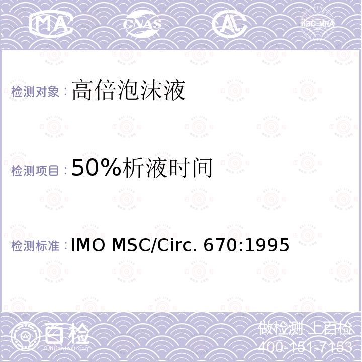 50%析液时间 IMO MSC/Circ. 670:1995 固定灭火系统用高倍泡沫液性能、试验标准和检验指南 IMO MSC/Circ.670:1995