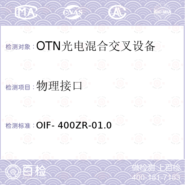 物理接口 OIF- 400ZR-01.0 400ZR实施规范 OIF-400ZR-01.0