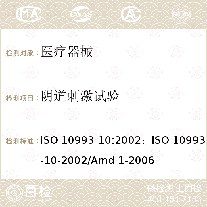 阴道刺激试验 ISO 10993-10-2002 医疗器械生物学评价 第10部分：刺激与迟发型超敏反应试验 ISO10993-10:2002；/Amd 1-2006