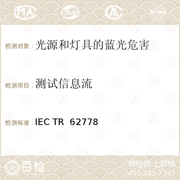 测试信息流 IECTR 62778EDITION 2.0:2014 应用IEC 62471评估光源和灯具的蓝光危害 IEC TR 62778(Edition 2.0):2014