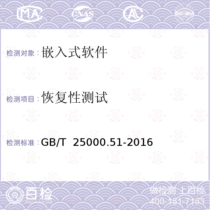 恢复性测试 GB/T 25000.51-2016 系统与软件工程 系统与软件质量要求和评价(SQuaRE) 第51部分:就绪可用软件产品(RUSP)的质量要求和测试细则