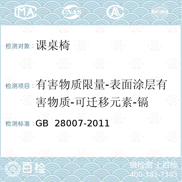 有害物质限量-表面涂层有害物质-可迁移元素-镉 GB 28007-2011 儿童家具通用技术条件