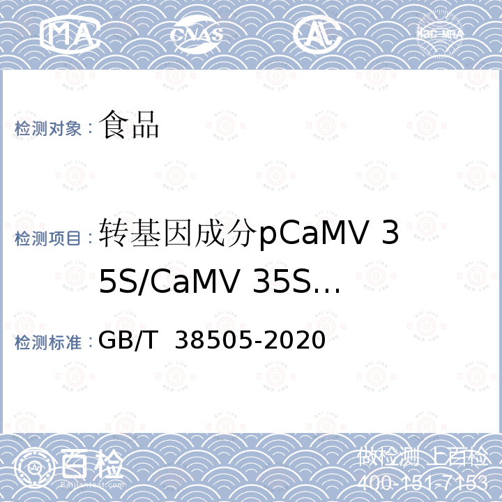 转基因成分pCaMV 35S/CaMV 35S/P-35S/CaMV 35S 启动子基因 GB/T 38505-2020 转基因产品通用检测方法