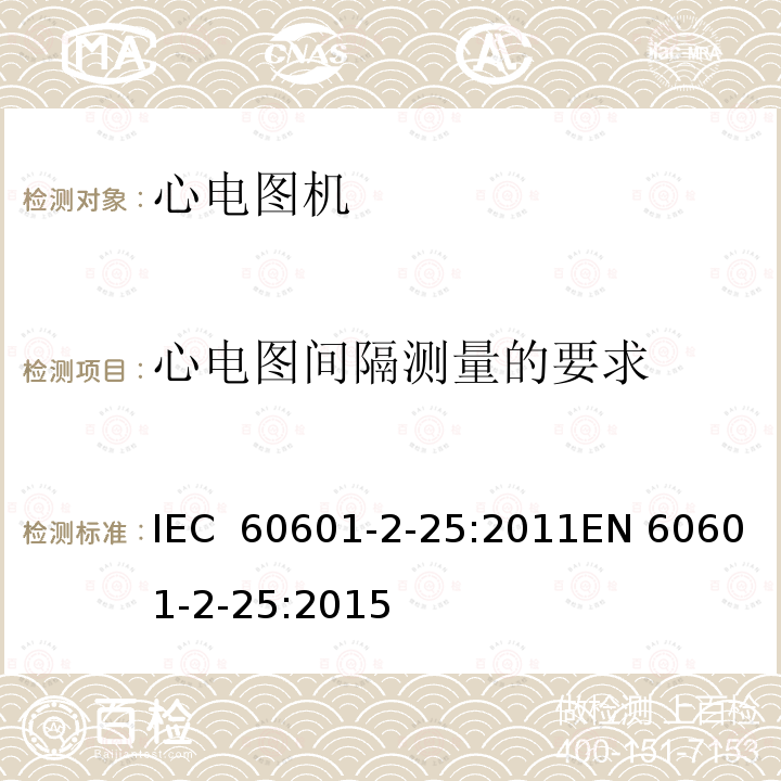心电图间隔测量的要求 医用电气设备 第2-25部分：心电图机基本安全和基本性能专用要求 IEC 60601-2-25:2011EN 60601-2-25:2015