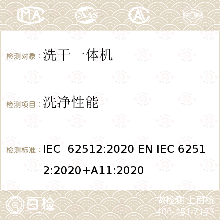 洗净性能 家用电器性能-洗干一体机-性能测试方法 IEC 62512:2020 EN IEC 62512:2020+A11:2020