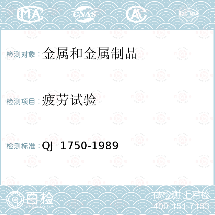 疲劳试验 MJ螺纹紧固件、螺栓试验方法 QJ 1750-1989