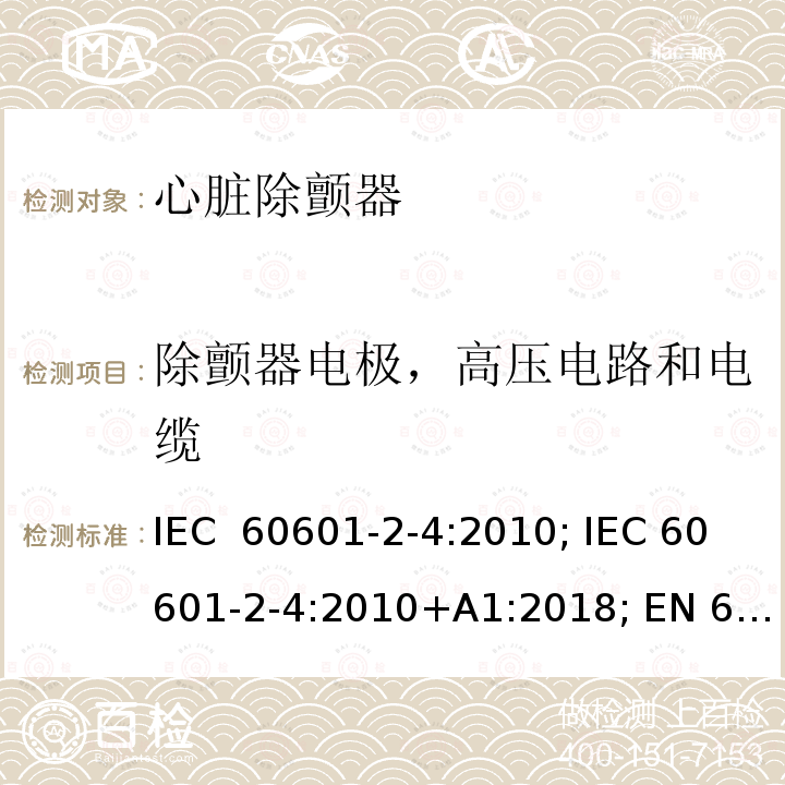 除颤器电极，高压电路和电缆 医用电气设备 第2-4部分:心脏除颤器的安全专用要求 IEC 60601-2-4:2010; IEC 60601-2-4:2010+A1:2018; EN 60601-2-4:2011; EN 60601-2-4:2011+A1:2019