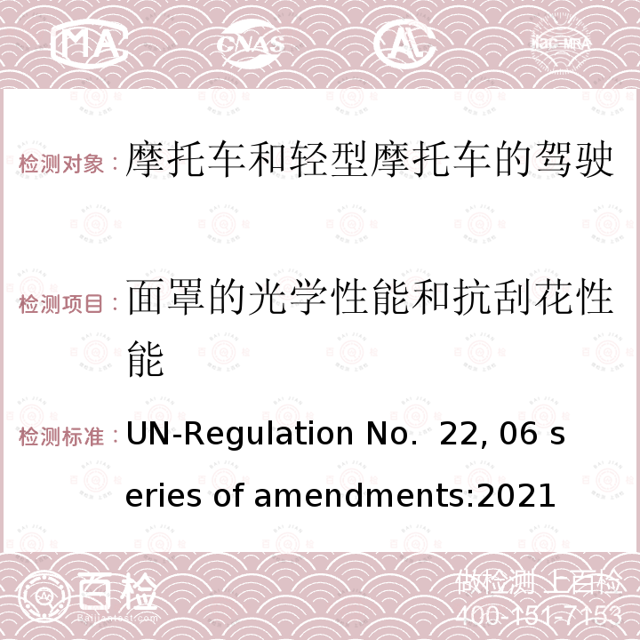 面罩的光学性能和抗刮花性能 ENTS:2021 摩托车和轻型摩托车的驾驶员及乘客用防护头盔和面罩 UN-Regulation No. 22, 06 series of amendments:2021