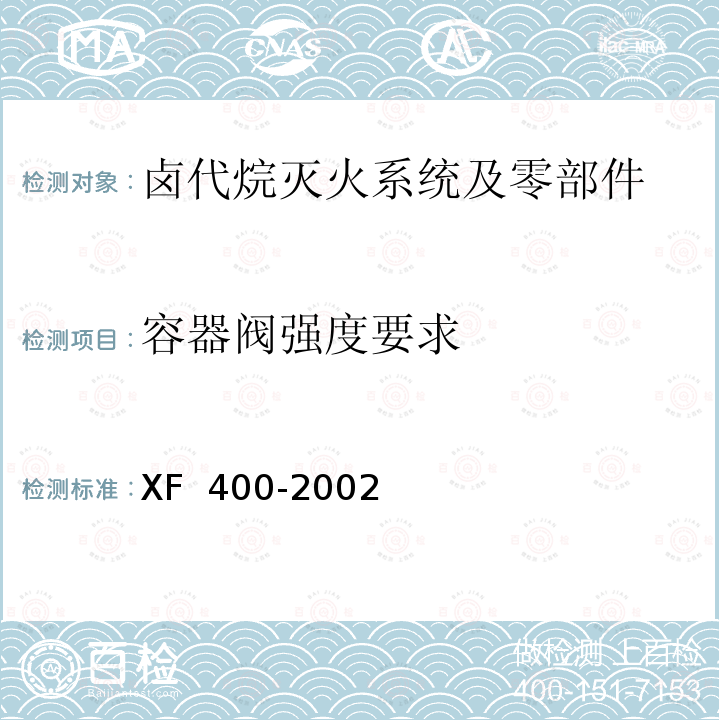 容器阀强度要求 XF 400-2002 《气体灭火系统及零部件性能要求和试验方法》 