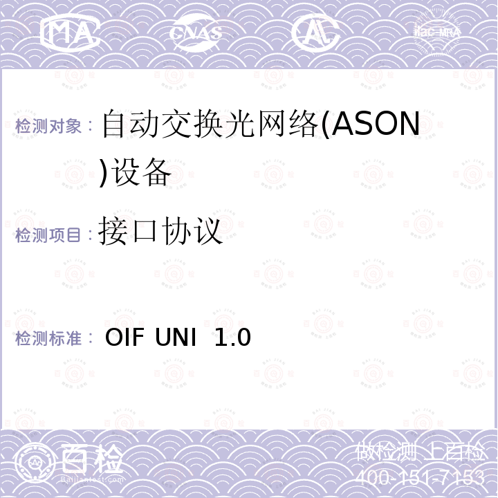 接口协议 OIF 用户网络接口（UNI）1.0信令规范（包括OIF UNI1.O Rel1和Rel2） OIF UNI 1.0