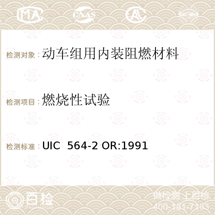 燃烧性试验 UIC  564-2 OR:1991 铁路客车或国际联运用同类车辆的防火和消防规则 UIC 564-2 OR:1991