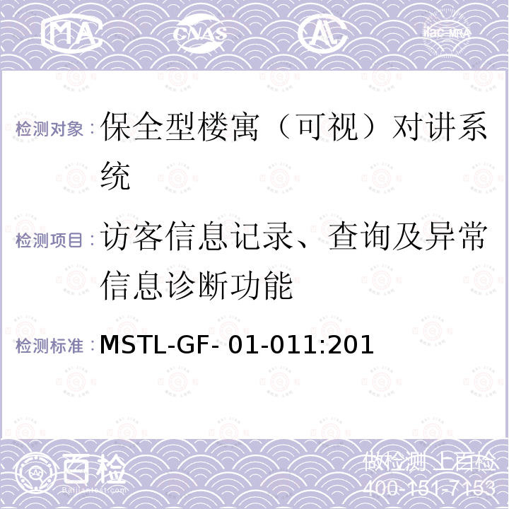 访客信息记录、查询及异常信息诊断功能 MSTL-GF- 01-011:201 上海市第一批智能安全技术防范系统产品检测技术要求（试行） MSTL-GF-01-011:2018