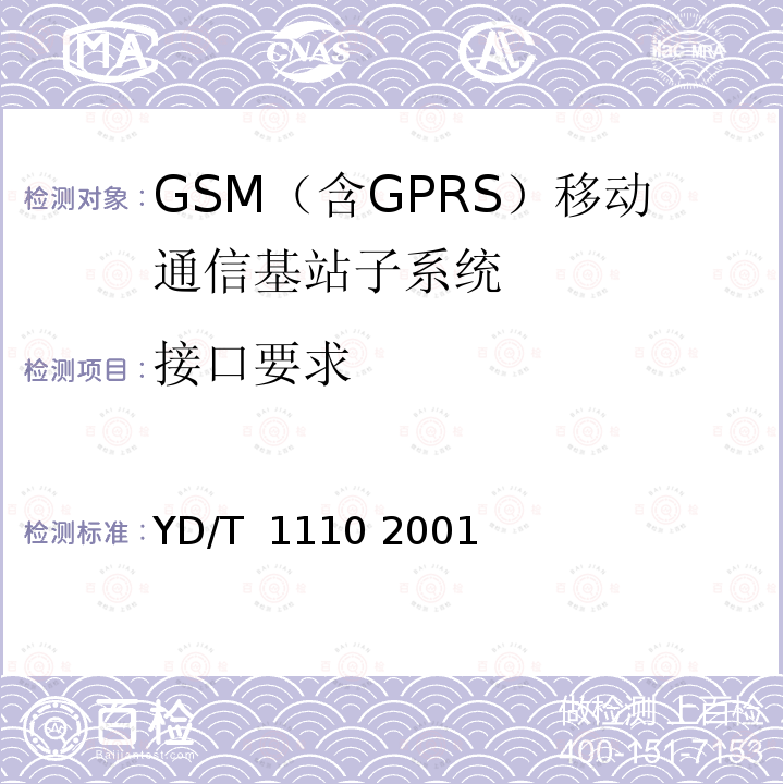 接口要求 900/1800MHz TDMA数字蜂窝移动通信网通用分组无线业务(GPRS)设备技术规范:基站子系统 YD/T 1110 2001