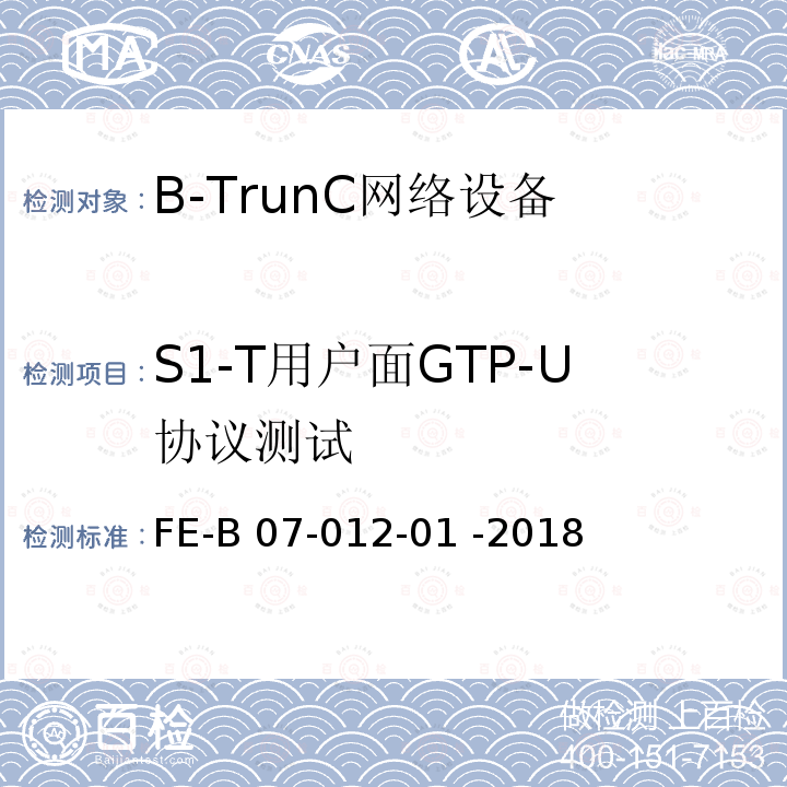 S1-T用户面GTP-U协议测试 FE-B 07-012-01 -2018 基站与核心网间接口（集群）R2检验规程 FE-B07-012-01 -2018