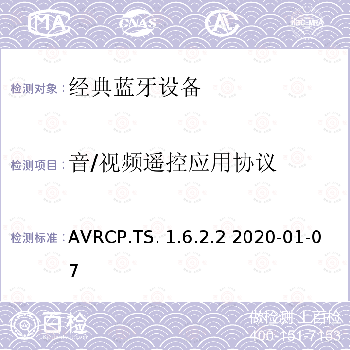 音/视频遥控应用协议 AVRCP.TS. 1.6.2.2 2020-01-07 蓝牙音/视频遥控应用 AVRCP.TS.1.6.2.2 2020-01-07