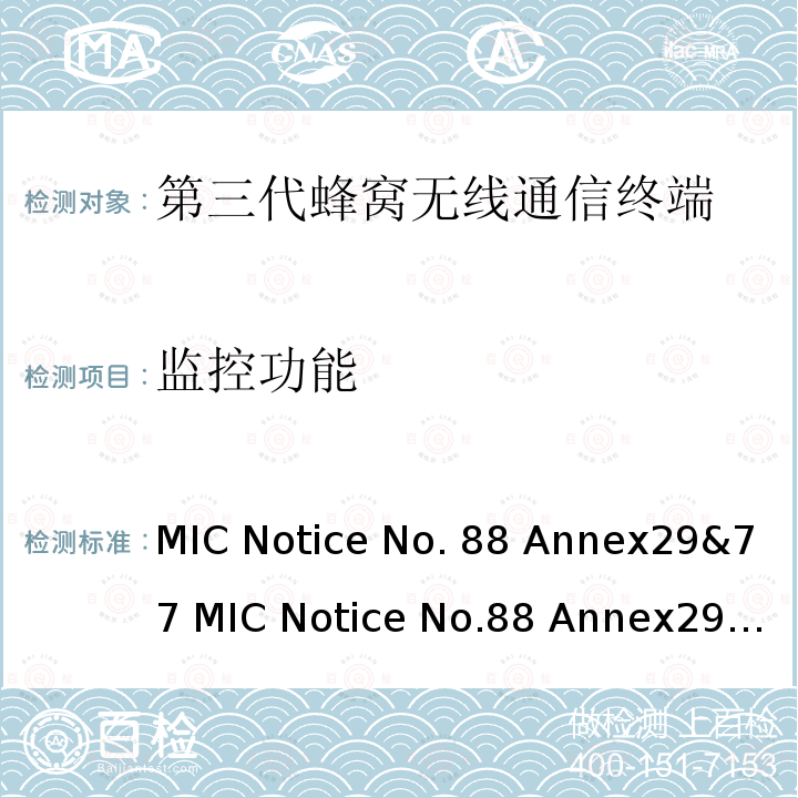 监控功能 WCDMA/HSDPA工作方式陆地移动台特性测试方法MIC Notice No.88 Annex29&77 MIC Notice No.88 Annex29&77